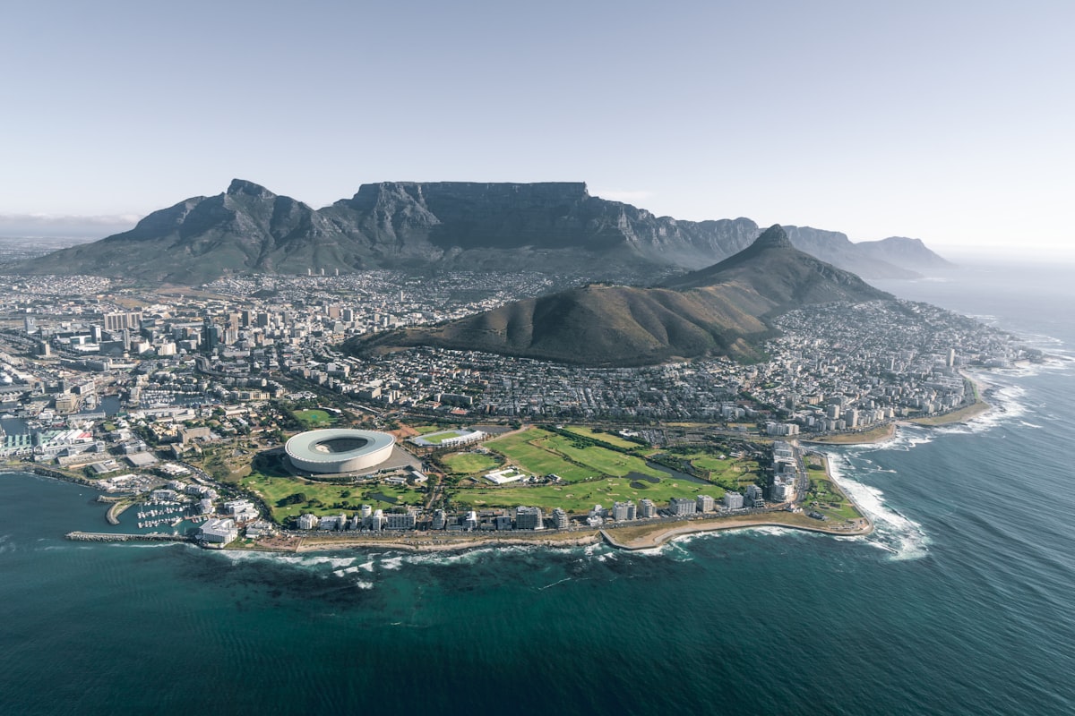 Aerial view of Cape Town's waterfront with Table Mountain in the background