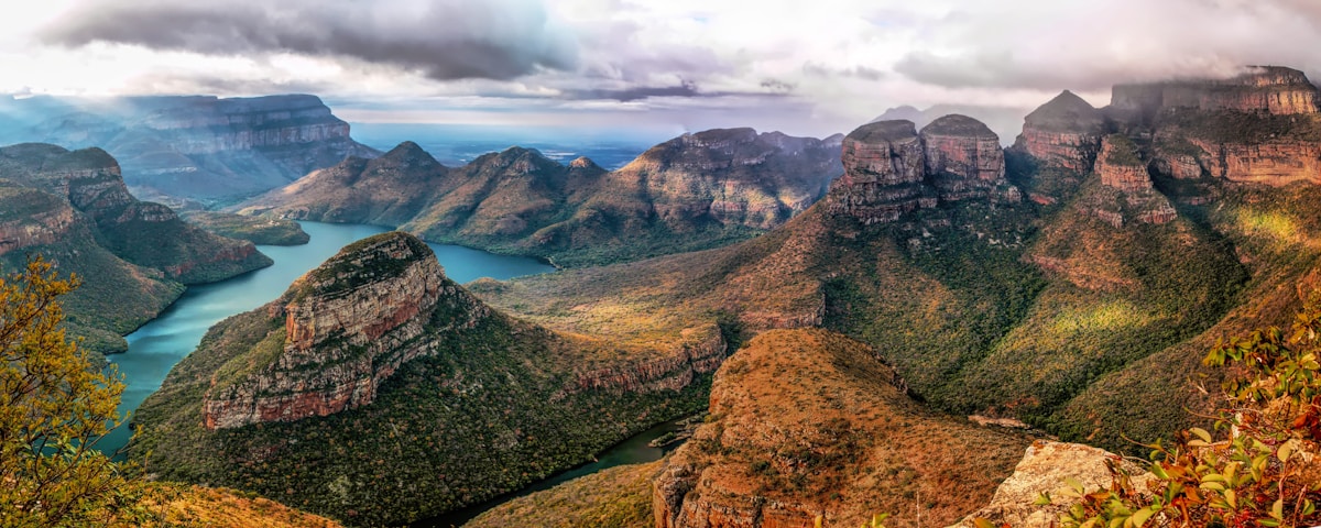 The green cliffs and canyon of the Blyde River Canyon in Mpumalanga with the Three Rondavels rock formation