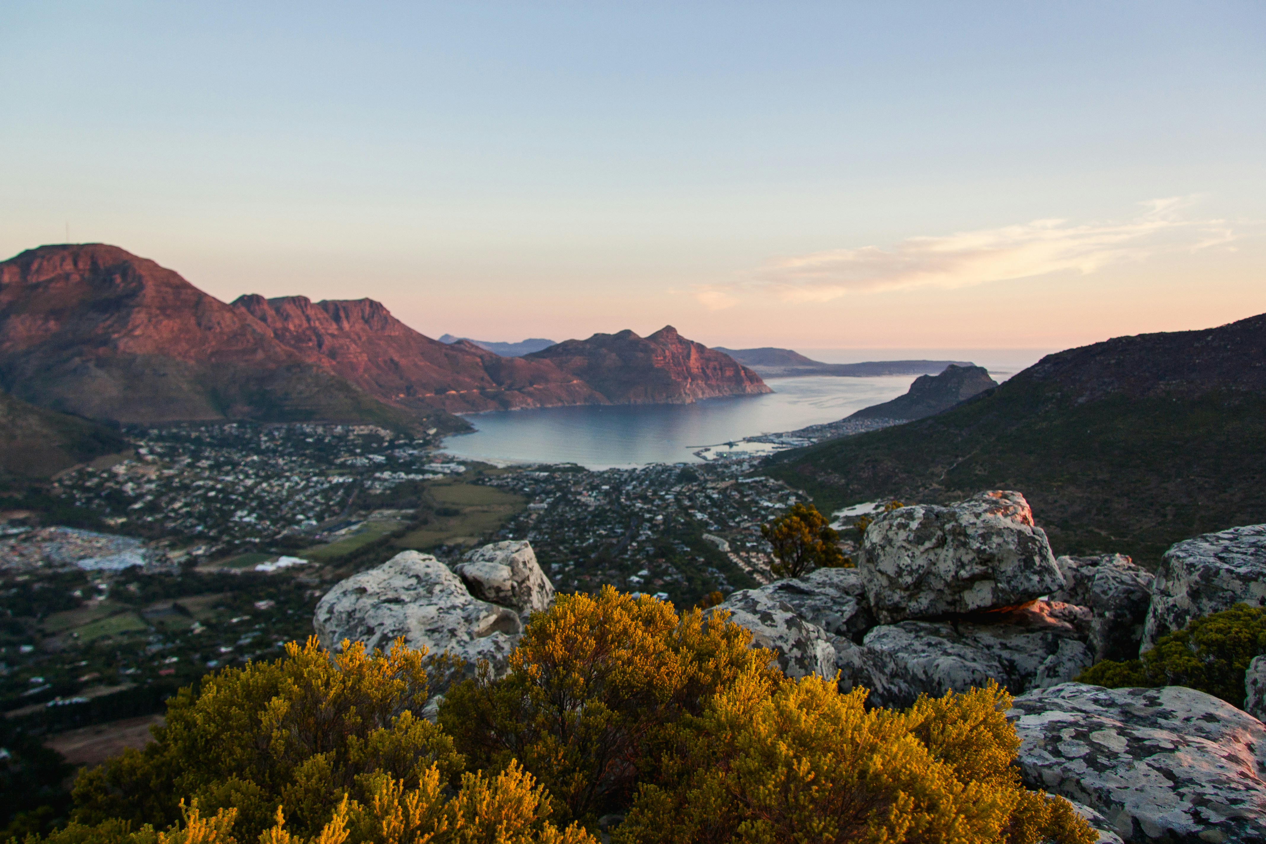 Aerial view of Hout Bay from the mountains above Cape Town, South Africa